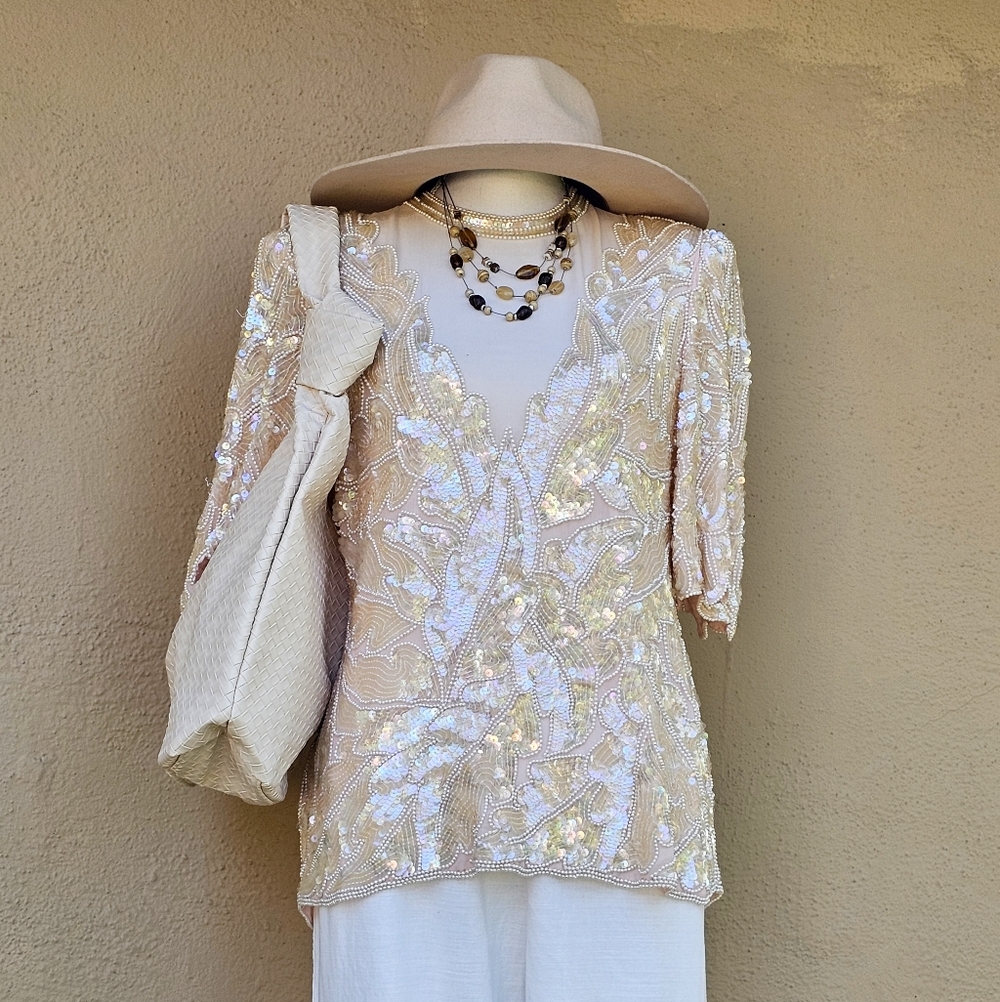 1960's Feather Design Beaded & Sequined Pink Silk Vintage Top